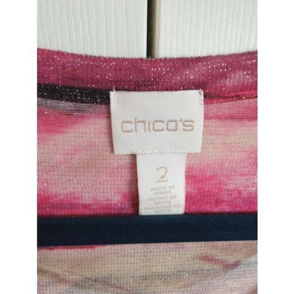 Chico's‎ Women's 2 (L) Pink Tan Sparkle Side Angle Top Striped Blouse - Picture 4 of 5